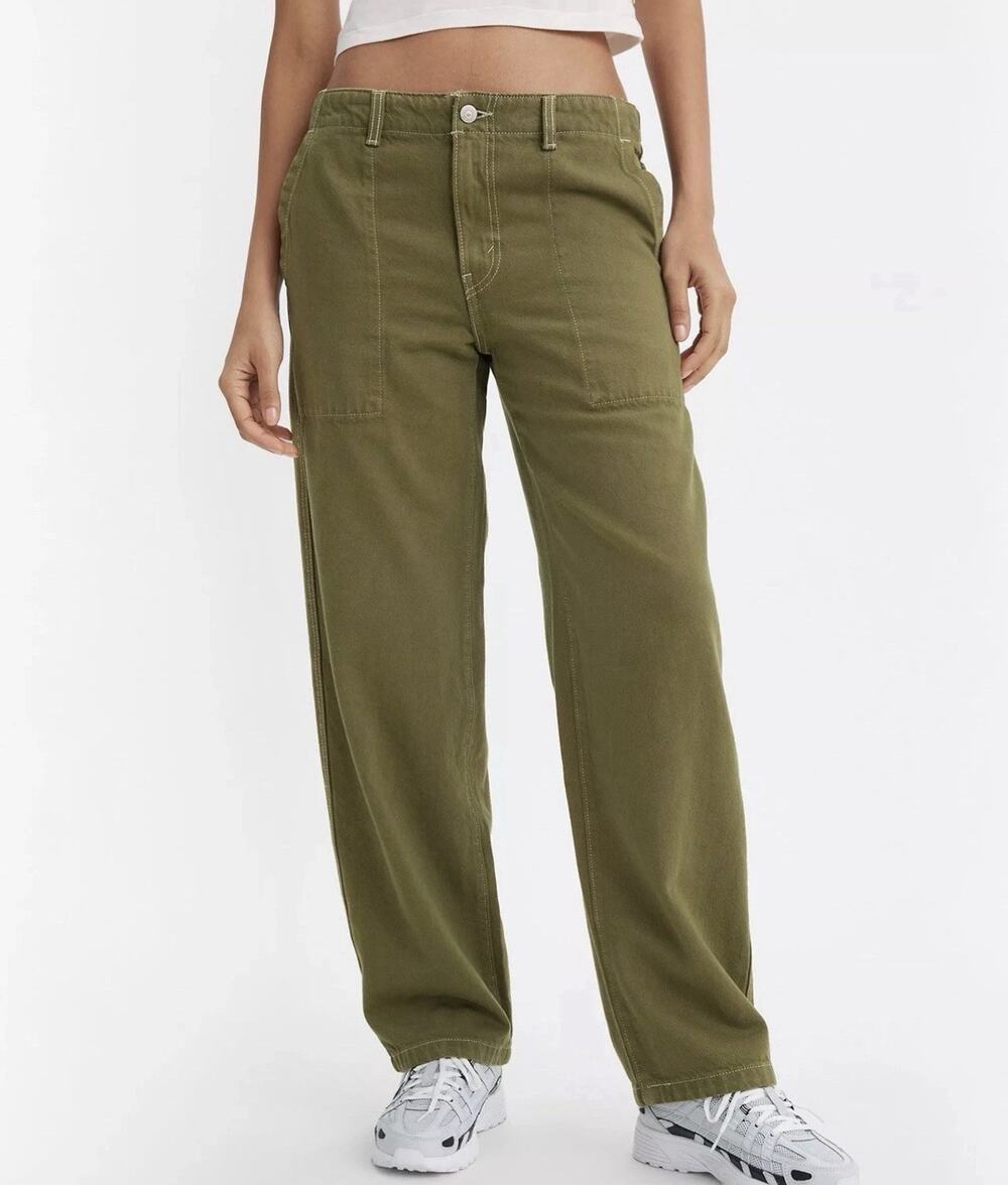 Levi's Premium Baggy Dad Jeans Womens Size 26 Olive Green Utility Pants Wide Leg